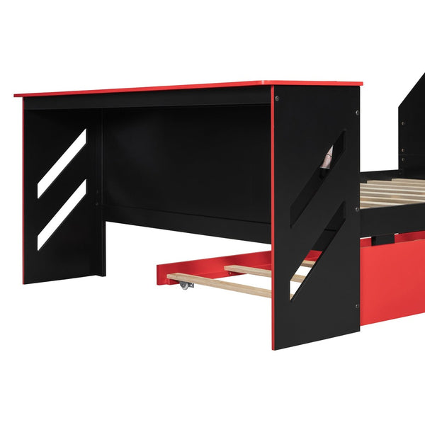 English Elm Full Size Wood Daybed with Twin Trundle Desk and Usb Charging for Teen Rooms Red LT000262AAR
