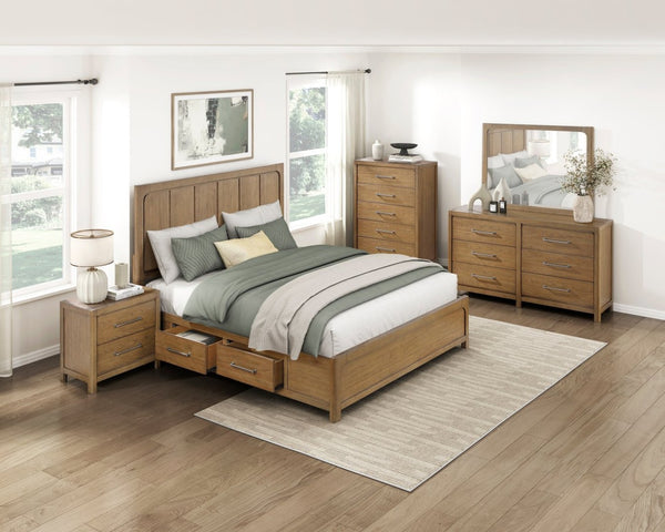 English Elm Light Brown Hickory Veneer King Storage Bed with Four Drawers Modern Bedroom Frame B011S02251