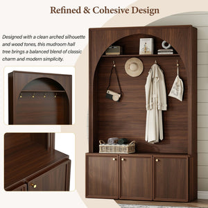 English Elm On-trend Farmhouse Hall Tree Arched Cabinet Storage Bench with Golden Hooks Mudroom Walnut N721S000080P