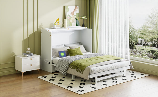 English Elm Full Size Murphy Bed Cabinet with Usb Charging Drawer and Rolling Base for Studios LP000597AAK