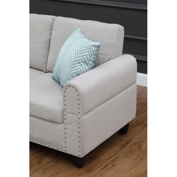 English Elm Black Faux Leather L Shaped Sectional with Cup Holders Nailhead Trim Storage Light Gray B2730S00030