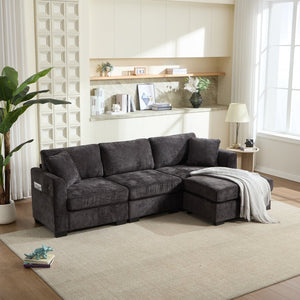 English Elm Modern Chenille L-shaped Sectional with Usb Charging Ottoman Storage Living Room Couch Black W2120S00014
