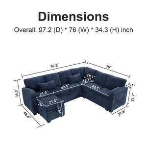 English Elm 97 Inch L-shaped Chenille Sectional Sofa with Sleeper Storage Ottoman 7 Seats Dark Blue W1669S00019
