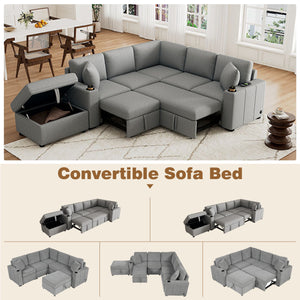 English Elm 84.7" Sectional Sofa Convertible Pull-Out Bed with Hidden Ottoman, USB Ports, Cup Holders, Chenille Comfort Gray N719S001930E