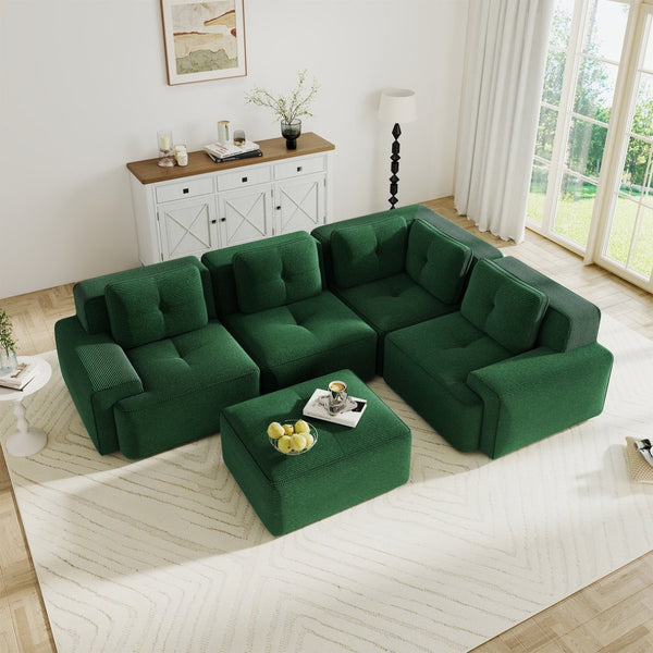 English Elm Modern Corduroy Sectional Sofa Deep Seat V Shape Tufted Couch with Movable Ottoman Green W714S01582