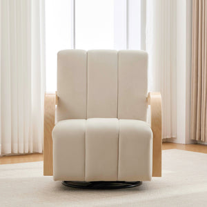English Elm 30.7"W Modern Upholstered 360° Swivel Accent Chair with Solid Wood Arms, Channel Tufted Comfort and Metal Base Beige W3118P339624