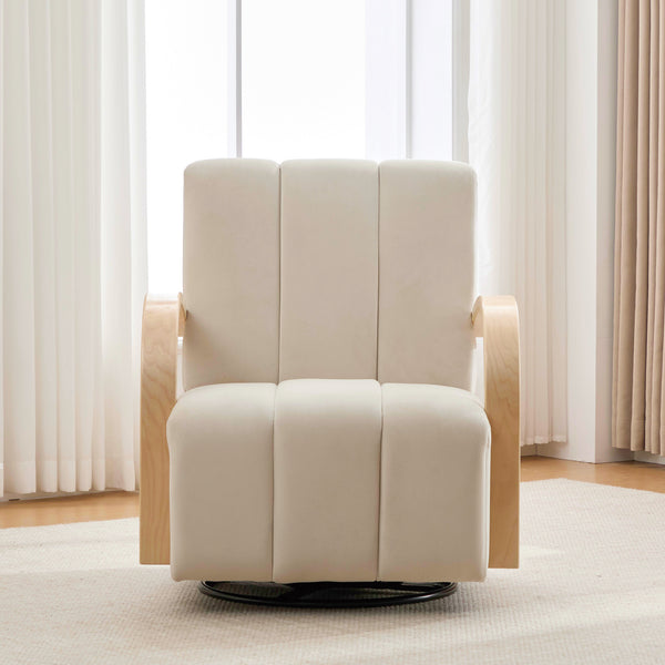 English Elm 30.7"W Modern Upholstered 360° Swivel Accent Chair with Solid Wood Arms, Channel Tufted Comfort and Metal Base Beige W3118P339624