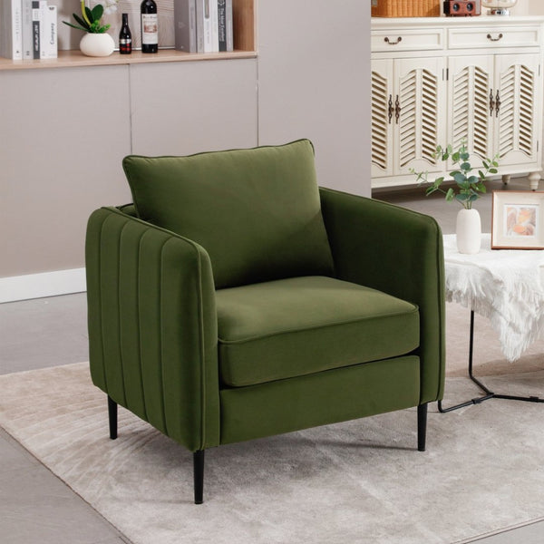 English Elm Accent Velvet Armchair Mid-century Modern Plush Seat with Metal Legs for Any Room Green W3244P325833
