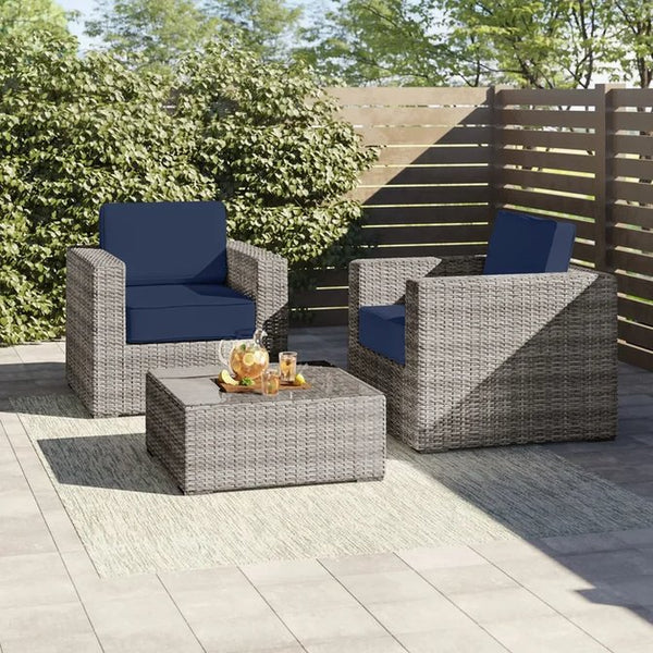 English Elm Fully Assembled Rattan Wicker 3-Piece Seating Set For Two With Plush Cushions & Coffee Table B120S00041
