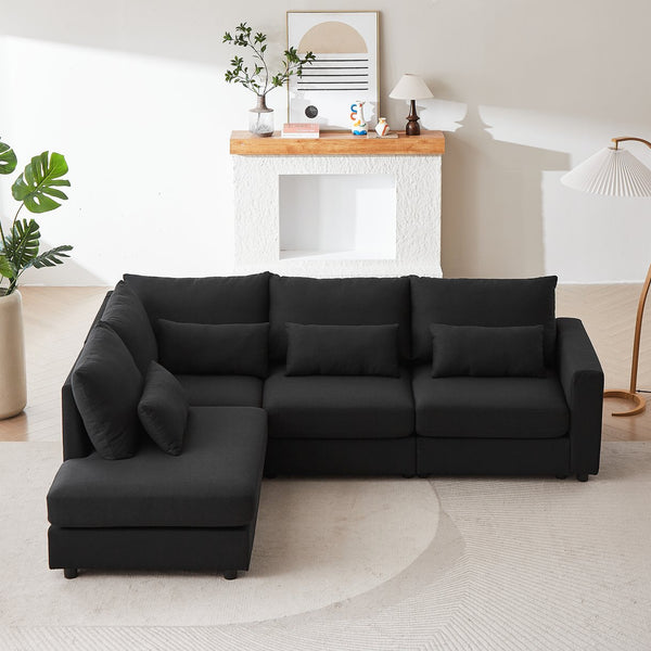 English Elm MH100.2" Sofa Convertible L-Shaped Linen Sectional with Movable Ottoman 5 Cushions 4 Lumbar Pillows Black W1193S00141