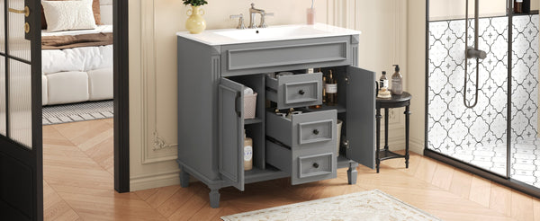 English Elm 36'' Modern Bathroom Vanity With Black Ceramic Top, Soft-Close Doors & Drawers For Stylish Storage N710P230231E