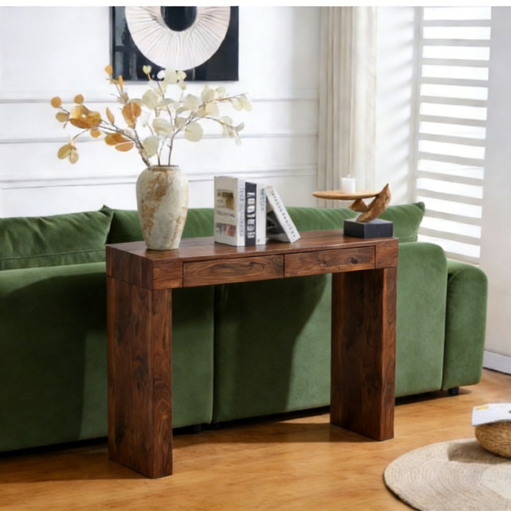 English Elm Elegant Walnut Grain Console Bar Table with Dual Drawers for Modern Entryways W2920P389984