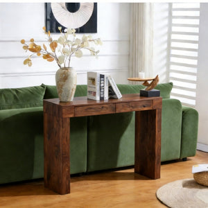 English Elm Elegant Walnut Grain Console Bar Table with Dual Drawers for Modern Entryways W2920P389984