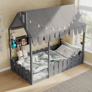 English Elm {slats Are Not Included} Twin Montessori House Floor Bed Kids Tent Lights Shelves Pinewood Frame Gray N708P407962E