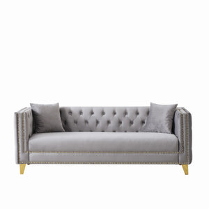 English Elm 80"Chesterfield Velvet Sofa with Tufted Buttons & Nailhead Trim, Deep-Seated 3-Seater, Solid Wood Frame Grey W3373S00027