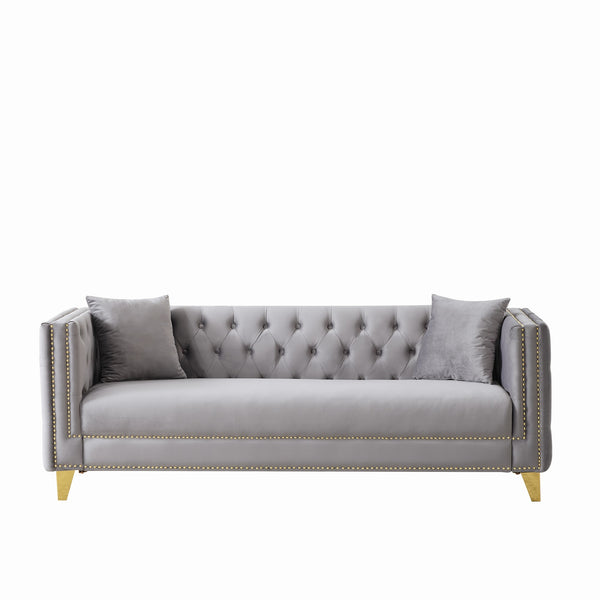 English Elm Chesterfield Velvet Sofa - Luxurious 3-Seat Deep Tufted Couch With Nailhead Trim For Modern Spaces W3373S00033