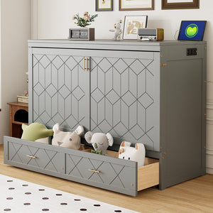 English Elm Queen Murphy Wall Bed Cabinet with Storage Drawer Built-in Power Outlets Usb Ports Gray LP000400AAE-1