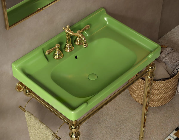 English Elm VICI 28" Ceramic Bathroom Basin in Green with 3 Pre-Drilled Holes, Overflow & Retro-Modern Charm W2615P306503