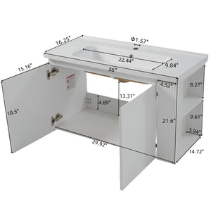 English Elm Christopher Knight Home® - 36" Modern Wall-Mounted Bathroom Vanity with Ceramic Sink, Soft-Close Doors, Fluted Accent & Open Shelves White N817P245322W