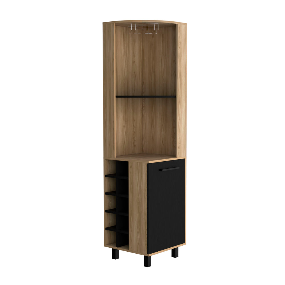 English Elm Kaia 70" Tall Corner Bar Cabinet with 10 Wine Cubbies, Stemware Rack & 4 Shelves in Black Pine B070S00254