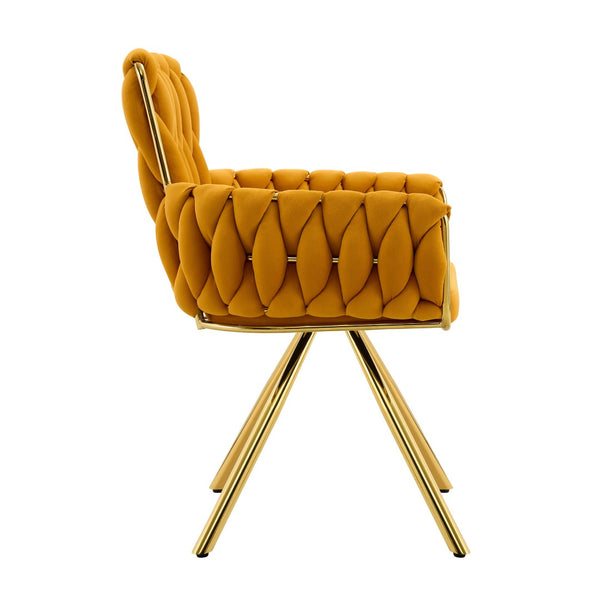English Elm Set of 2 Velvet Upholstered Dining Chairs Braided Rope Back Glam Metal Legs Gold,Yellow W3875P383935