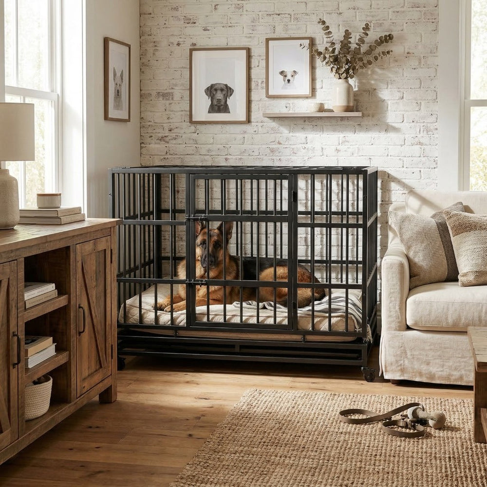 English Elm 48 Inch Steel Dog Crate on Wheels Foldable Heavy Duty Cage with Removable Tray W347P421329