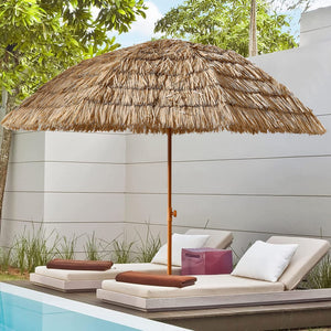 English Elm 8'Thatch Tropical Tiki Umbrella with Tilt Quick-Open, 8ft Raffia Palapa Shade for Patio Beach W2516P180015