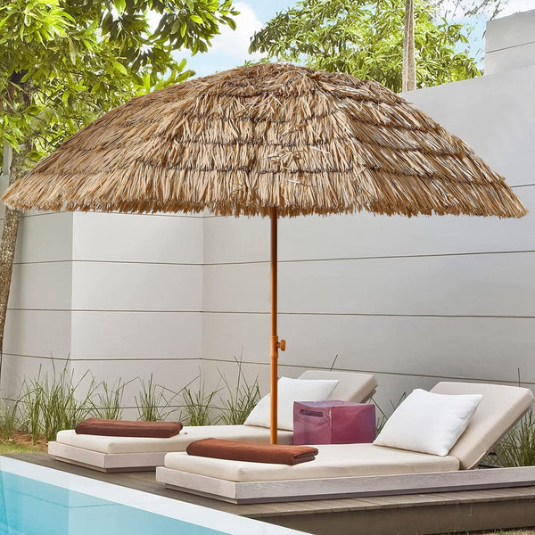 English Elm 8'Thatch Tropical Tiki Umbrella with Tilt Quick-Open, 8ft Raffia Palapa Shade for Patio Beach W2516P180015
