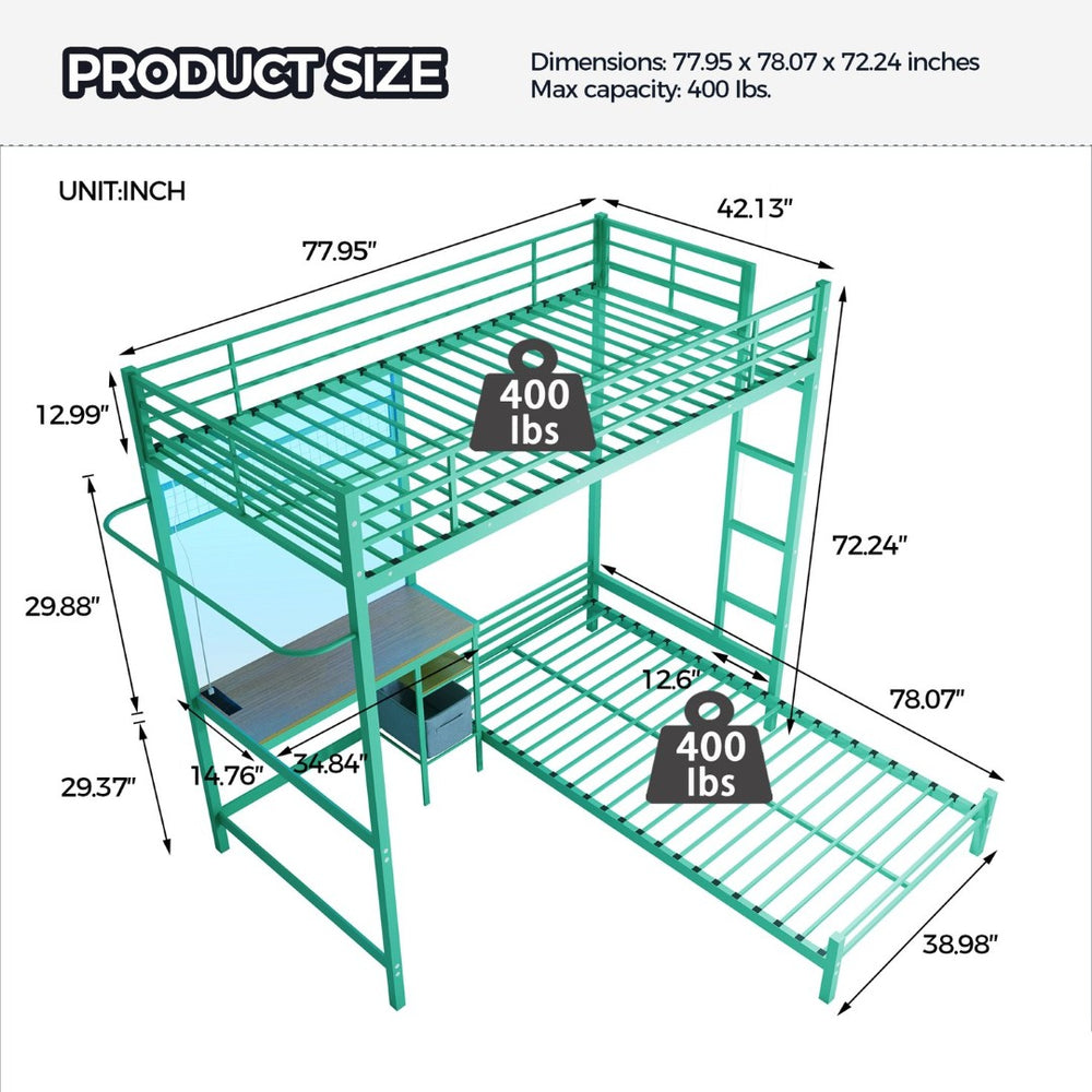 English Elm Bunk Bed Twin Over L-shaped Metal Frame with Desk Storage Shelves and Drawers W3752S00007
