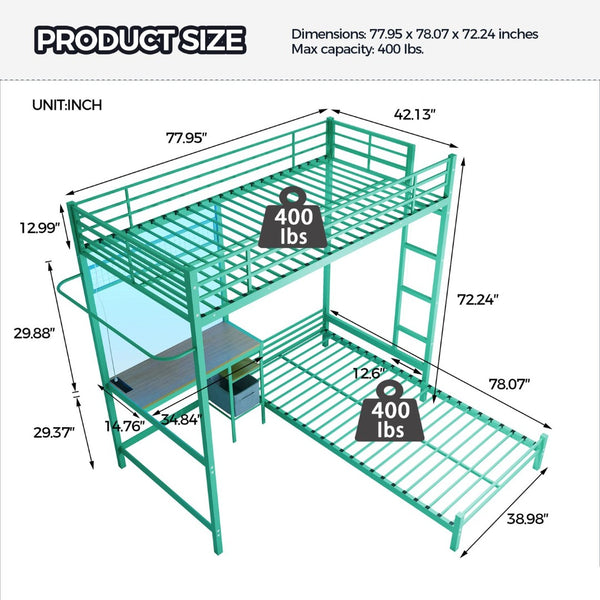English Elm Bunk Bed Twin Over L-shaped Metal Frame with Desk Storage Shelves and Drawers W3752S00007
