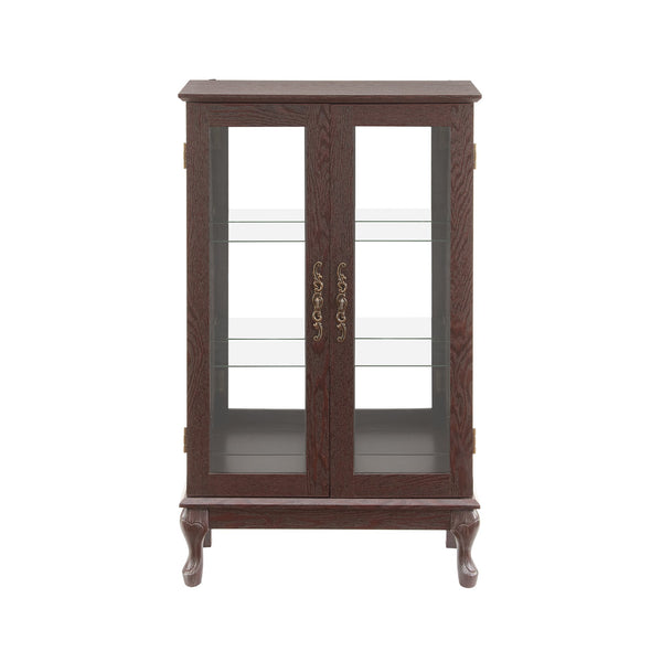 English Elm Cherry Curio Cabinet with Lighted Tempered Glass, Mirrored Back, Adjustable Shelves & Antique Handle W1758P300118