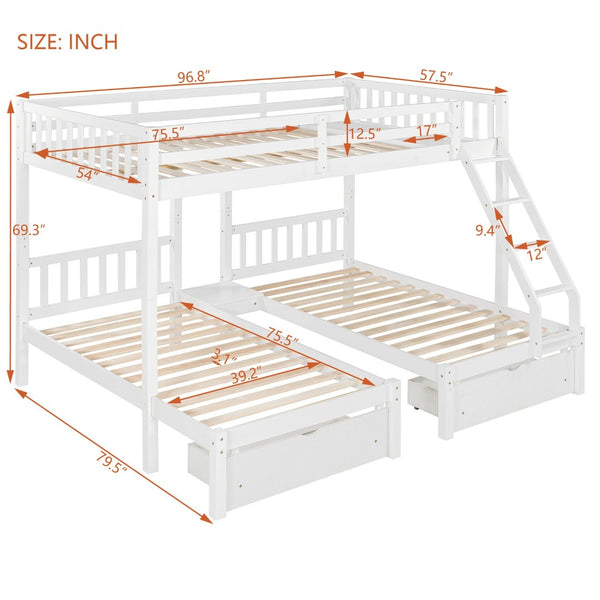English Elm Full Over Twin Triple Bunk Bed Pine Wood Frame with Storage Drawers and Guardrails LT000343AAK-1