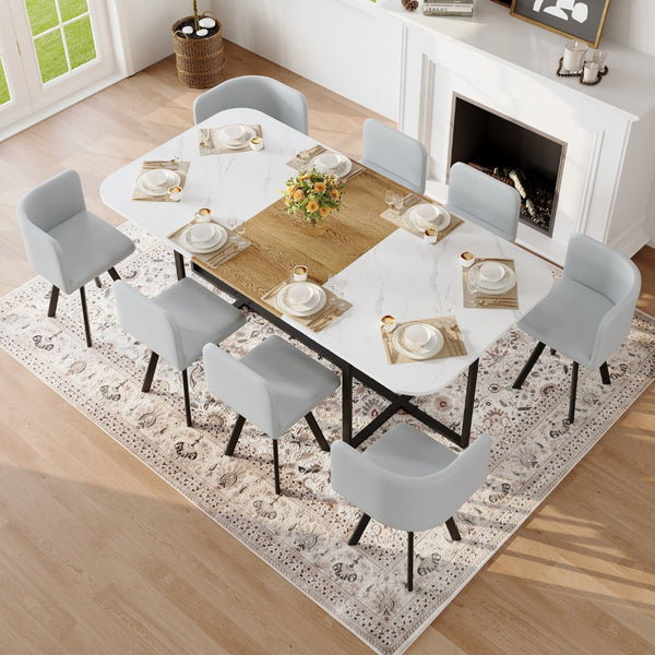 English Elm 9-piece Square Dining Set with Marble Wood Tabletop and Gray Pu Leather Chairs for 8 W3875S00146