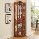 Lighted Corner Display Curio Cabinet with Glass Shelves, Oak Carved Decoration - Bar and Wine Cabinet