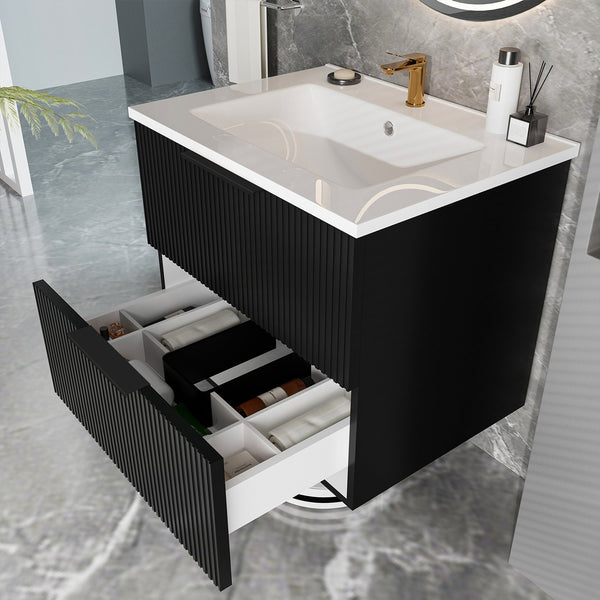 English Elm 24 Compact Bathroom Vanity with Sink — Floor-Standing Stability, Soft-Close Drawers, Large Storage, Durable Finish Matte Black 26.38 L x 22.83 W x 7.87 H W3520S00001
