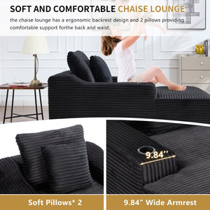 English Elm 67" Corduroy Oversized Chaise Sleeper Sofa Deep Seat Boneless Lounge with Cup Holder Pillows Black W1803P409253