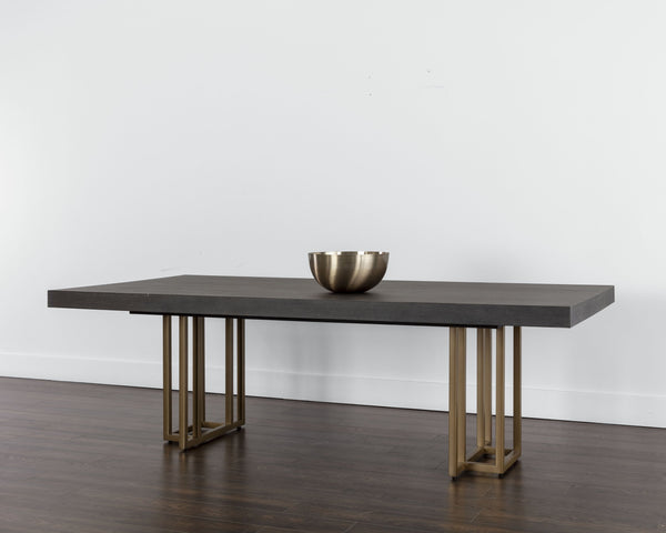 Sunpan Baldessara 94.5" Rustic Bronze Dining Table with Stylish Oak Veneer Top for Modern Elegance