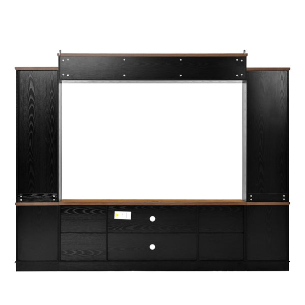 English Elm U-can Farmhouse Wall Unit with Barn Doors Built-in Power Outlets and Open Shelving Black+Brown SJ000154AAB