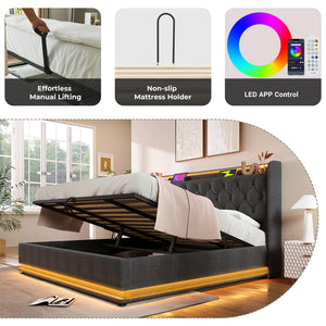 English Elm King Upholstered Bed with Surround LED, App/Remote Control, Hydraulic Storage, USB Type-C Charging Gray N736P188808G