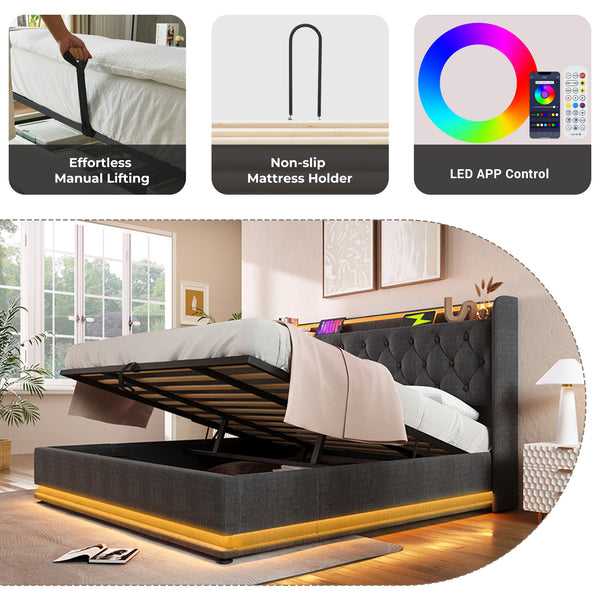 English Elm King Upholstered Bed with Surround LED, App/Remote Control, Hydraulic Storage, USB Type-C Charging Gray N736P188808G