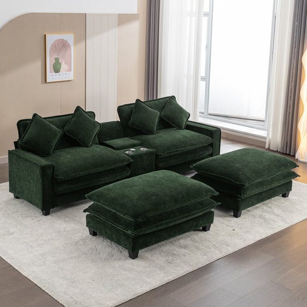 English Elm 111" Sectional Sofa Chenille Upholstered with Removable Ottoman, USB Ports, Cup Holders & Storage Box Green N719S001480F