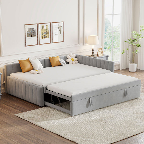 English Elm Full L-Shaped Upholstered Daybed with Twin Pop-Up Trundle, Vertical Stripe Design, Cozy Lounge Style (98) Gray SF000191AAE