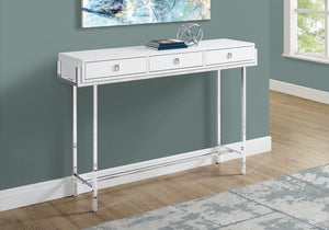 English Elm Accent modern glossy console table with chrome base, slim entryway sofa storage with three drawers for small spaces White 61 L x 15 W x 8 H B2710P219253