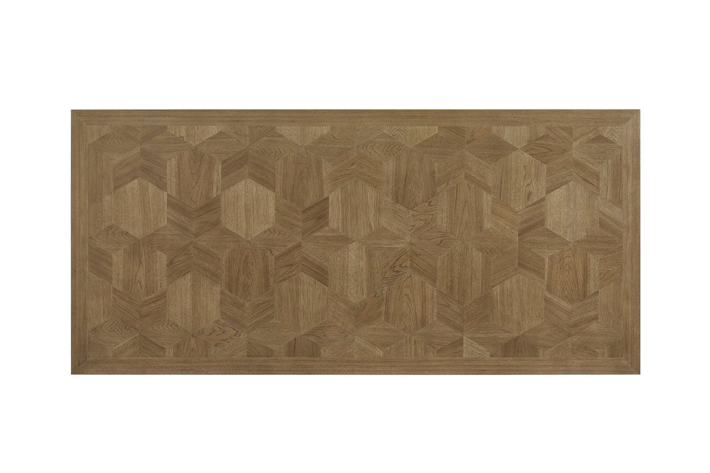 English Elm Trestle Solid Wood Dining Table with Hickory Geometric Veneer Top, Extends 84" to 114" with Leaves Almond 69 L x 27.5 W x 10.5 H B2699S00090