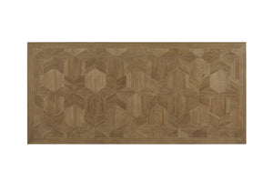 English Elm Trestle Solid Wood Dining Table with Hickory Geometric Veneer Top, Extends 84" to 114" with Leaves Almond 69 L x 27.5 W x 10.5 H B2699S00090