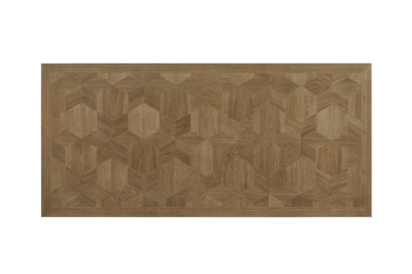 English Elm Trestle Solid Wood Dining Table with Hickory Geometric Veneer Top, Extends 84" to 114" with Leaves Almond 69 L x 27.5 W x 10.5 H B2699S00090