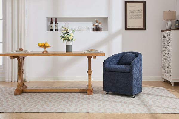 English Elm 059-Set Chenille Fabric Dining Armchair with Ergonomic Back Cushion, 360° Swivel & Smooth Wheels, Upholstered Comfort for Indoor Spaces Blue W527P242556