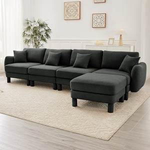English Elm Boucle Fabric L-Shaped Sectional Sofa For 4 With Shell-Shaped Armrests & Removable Ottoman, Dark Grey W3041S00304