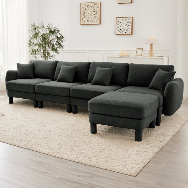 English Elm Boucle Fabric L-Shaped Sectional Sofa For 4 With Shell-Shaped Armrests & Removable Ottoman, Dark Grey W3041S00304