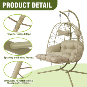 English Elm 2 Person Wicker Hanging Egg Chair with Stand Padded Cushions Patio Swing Seat T5880P500217